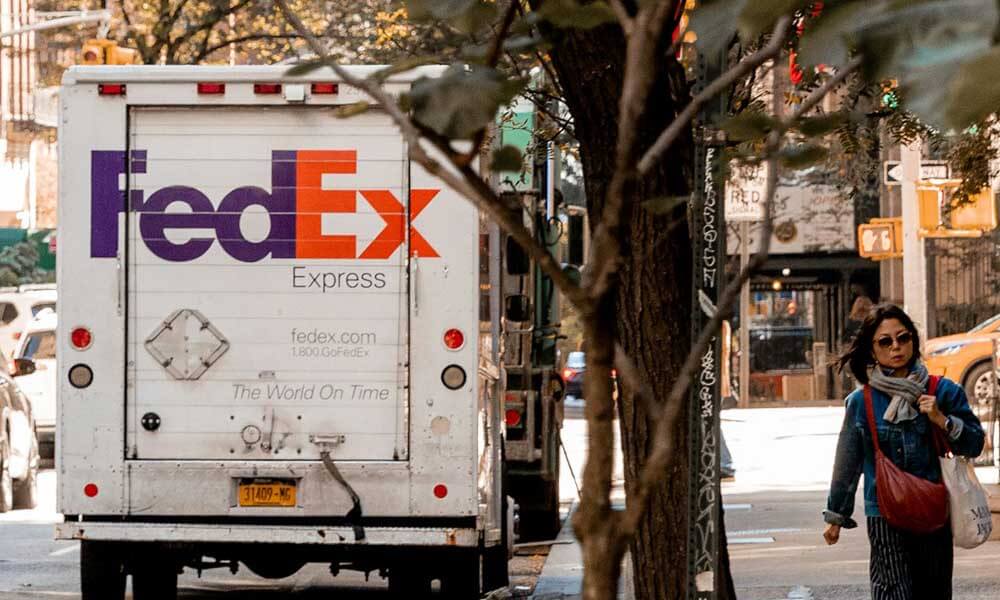 Back of FedEx truck parked in a street