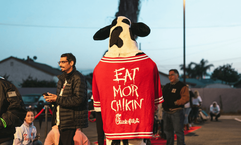 Person wearing cow suit and advertising Chick-fil-a