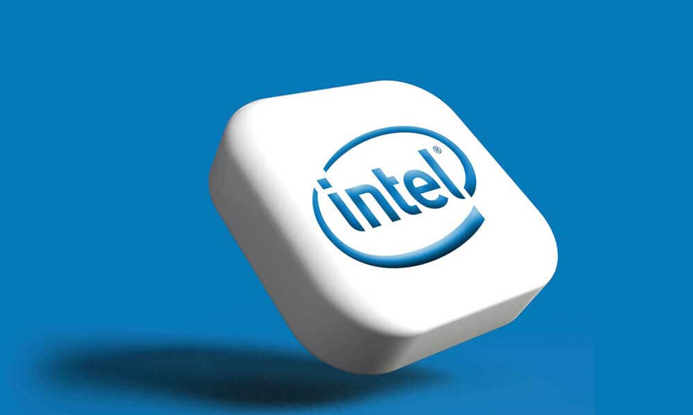 Intel logo is shown on a white cube